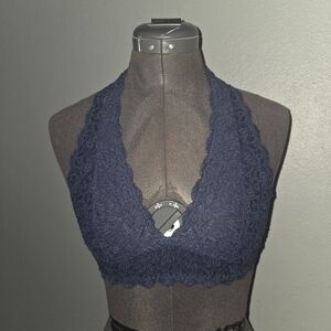 Saki Silver Elegant Navy Lace Halter Bralette